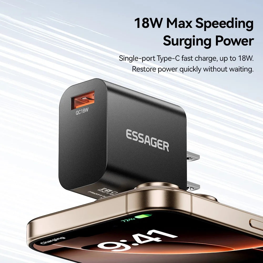 ESSAGER Max 18W Fast Charging USB Wall Charger Travel Power Adapter - Black / US Plug - 5