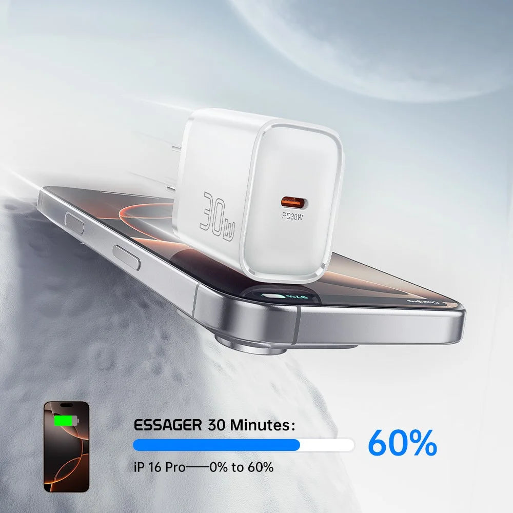 ESSAGER Max 30W USB-C Fast Charger PRO Chip Technology Power Adapter Mini Travel Charging Plug - White / US Plug - 6