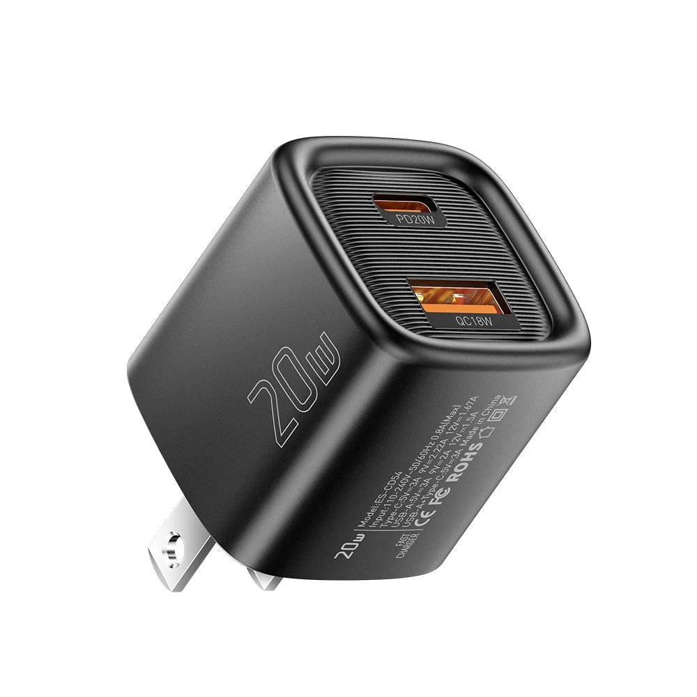ESSAGER Max 20W Travel Charger Dual Port USB A + Type C Fast Charging Smart Temperature Control - Black / US Plug - 2