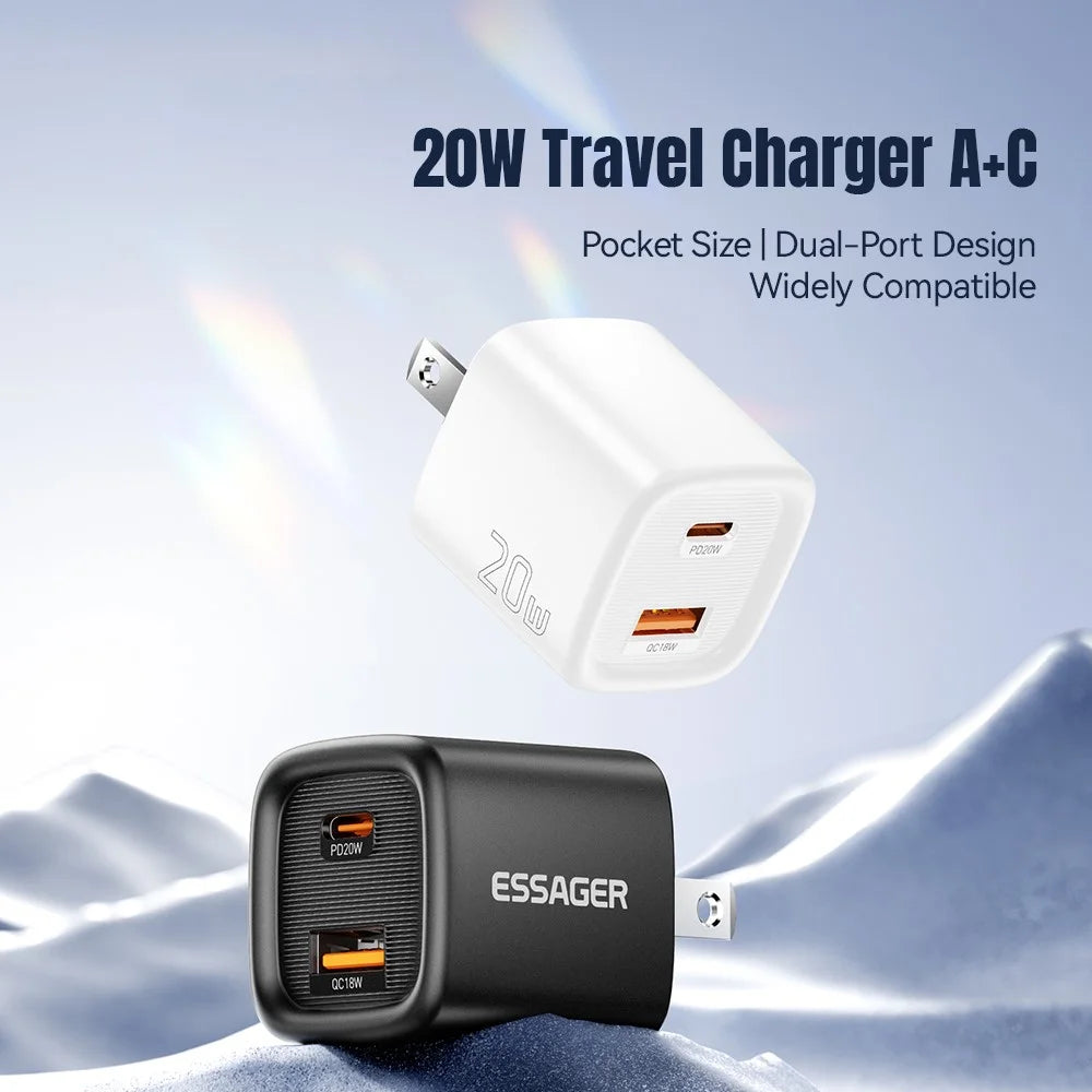 ESSAGER Max 20W Travel Charger Dual Port USB A + Type C Fast Charging Smart Temperature Control - Black / US Plug - 5