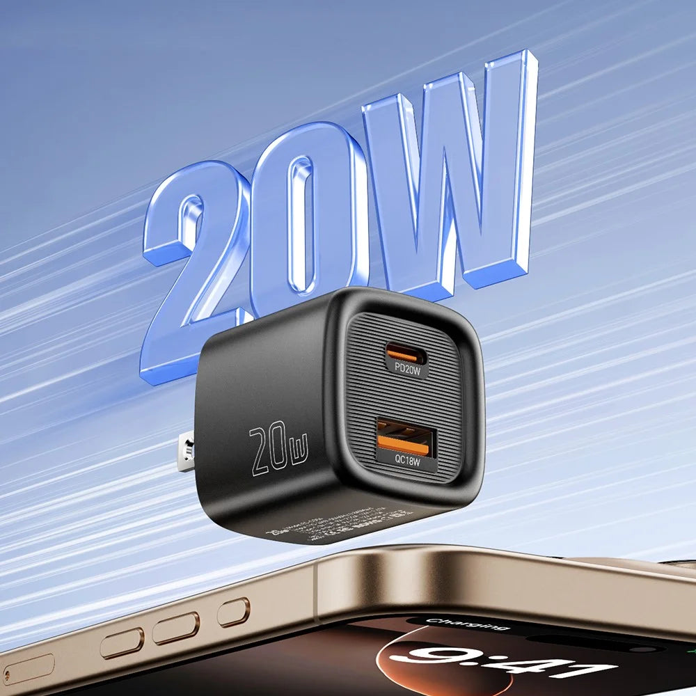 ESSAGER Max 20W Travel Charger Dual Port USB A + Type C Fast Charging Smart Temperature Control - Black / US Plug - 6