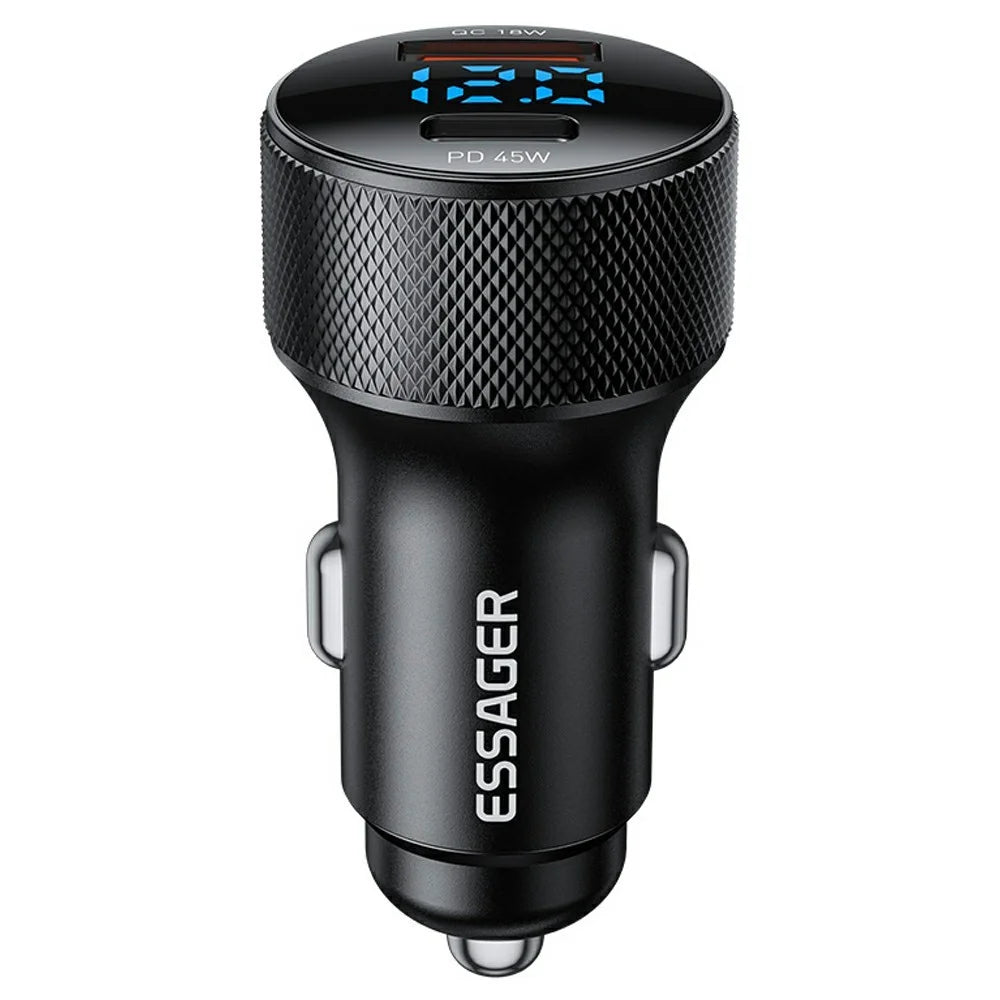 ESSAGER PD 45W Aluminum Alloy Car Charger USB-A / Type-C Dual Port PD3.0 / QC3.0 Fast Charging Adapter - Black - 1