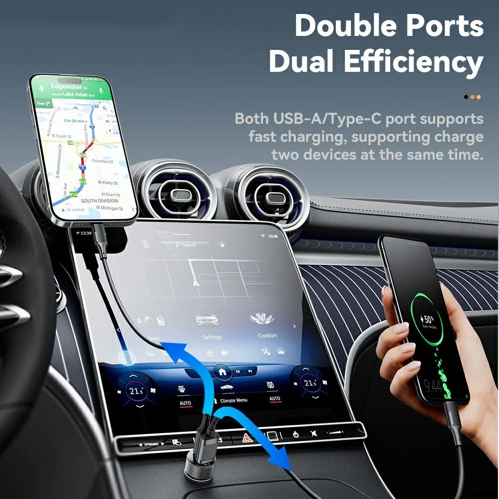 ESSAGER PD 45W Aluminum Alloy Car Charger USB-A / Type-C Dual Port PD3.0 / QC3.0 Fast Charging Adapter - Black - 3