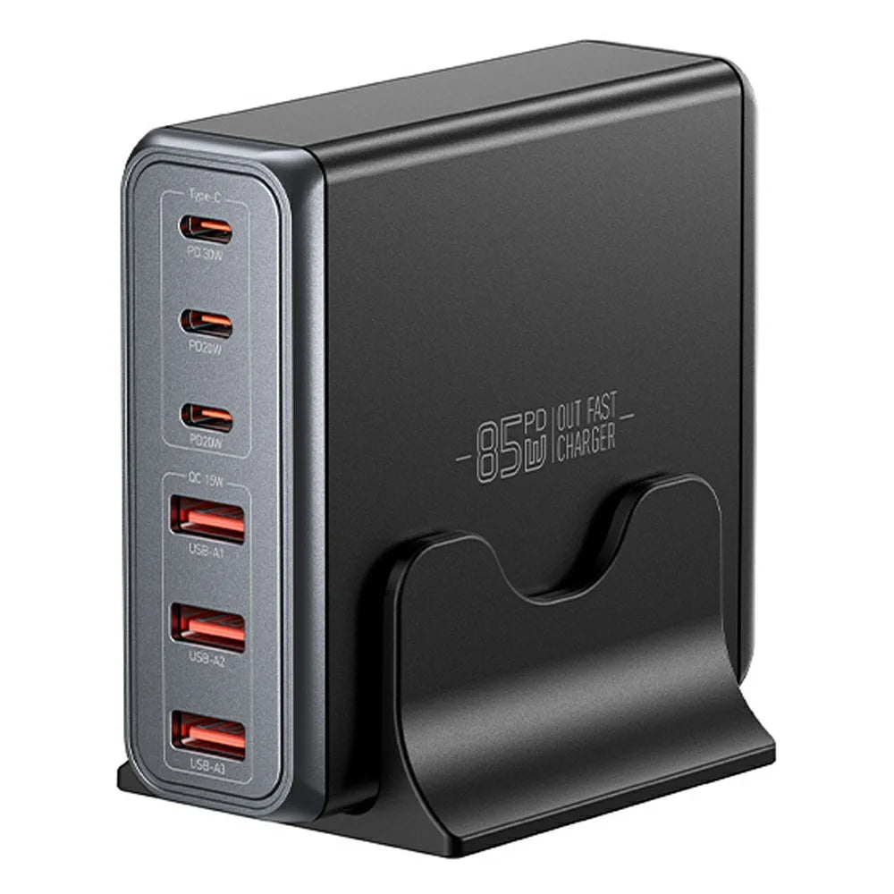 ESSAGER 85W GaN Desktop Charger 3 Type-C + 3 USB-A Multi Device Fast Charging Power Adapter - Black / US Plug - 1