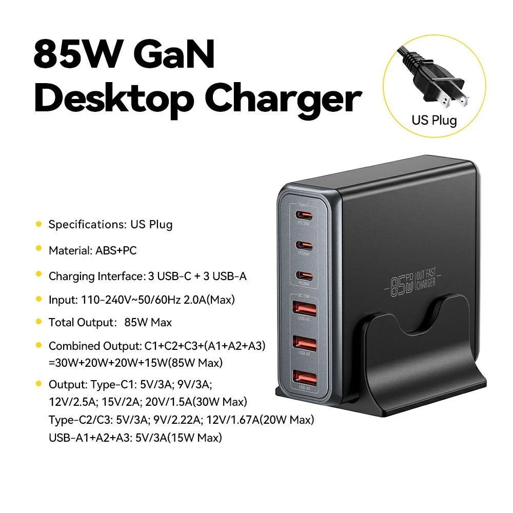 ESSAGER 85W GaN Desktop Charger 3 Type-C + 3 USB-A Multi Device Fast Charging Power Adapter - Black / US Plug - 2