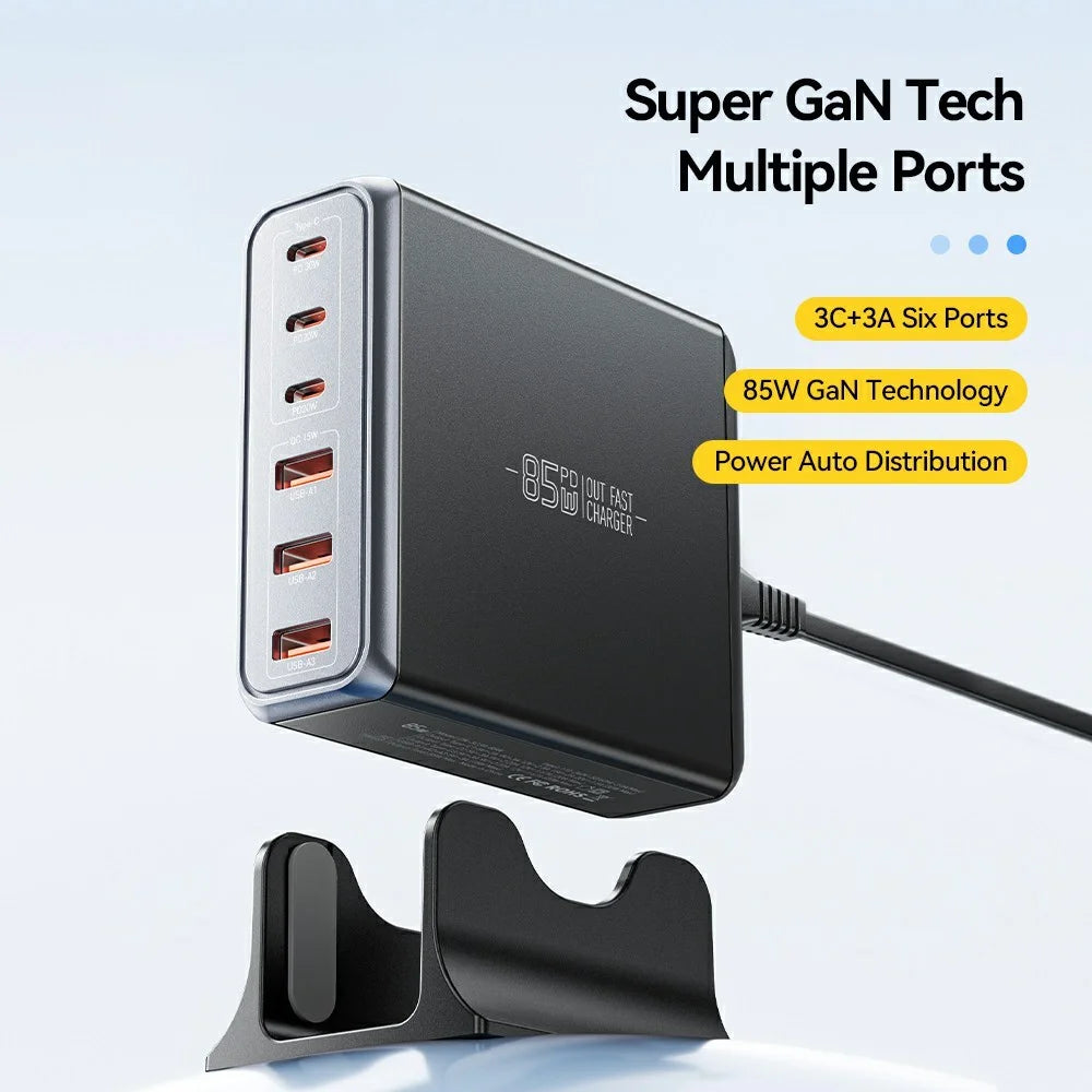 ESSAGER 85W GaN Desktop Charger 3 Type-C + 3 USB-A Multi Device Fast Charging Power Adapter - Black / US Plug - 3