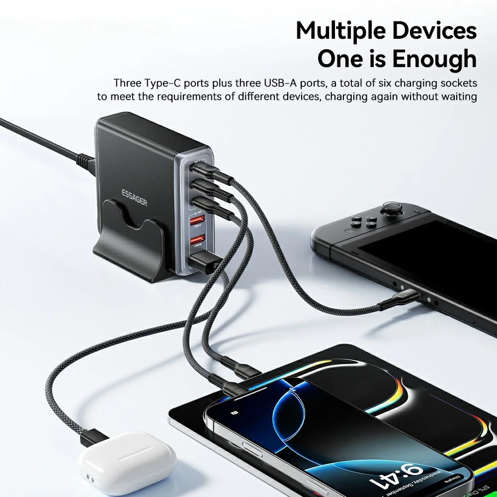 ESSAGER 85W GaN Desktop Charger 3 Type-C + 3 USB-A Multi Device Fast Charging Power Adapter - Black / US Plug - 6