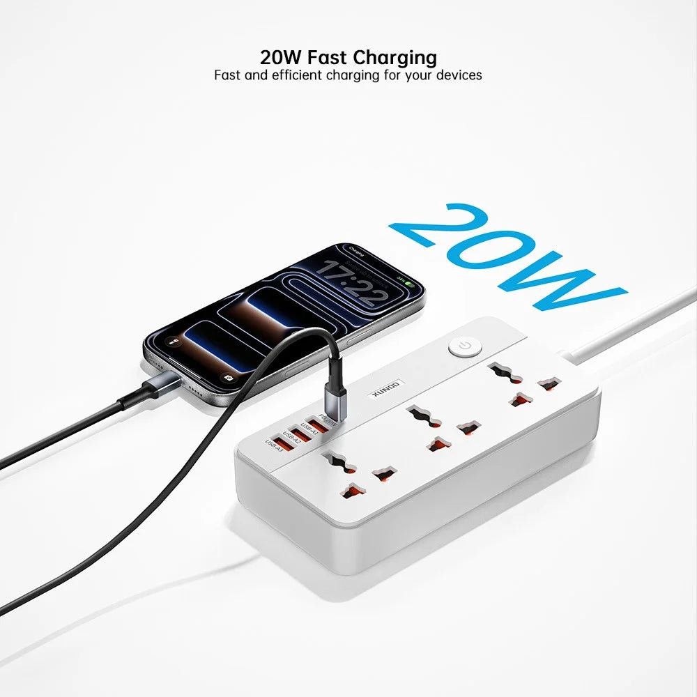 XUNDD XDCH-128 Universal USB Power Strip 7 in 1 PD 20W Fast Charging Station, 3 AC + 3 USB-A + 1 Type-C - US Plug - 3