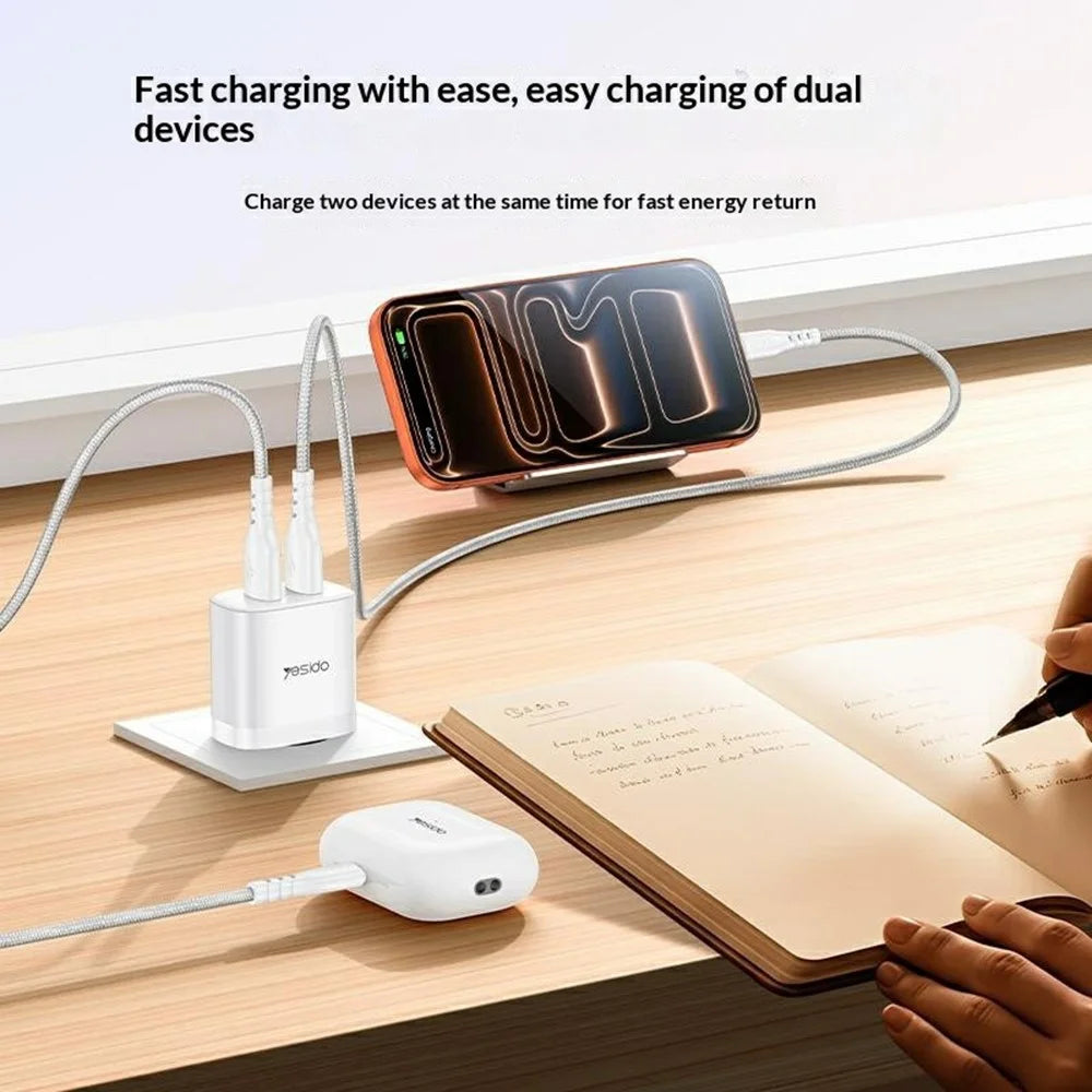 YESIDO YC104 Dual USB Port Charger PD 12W Fast Charging Power Adapter with USB Cable for Smartphones / Tablets, EU Plug - White - 3