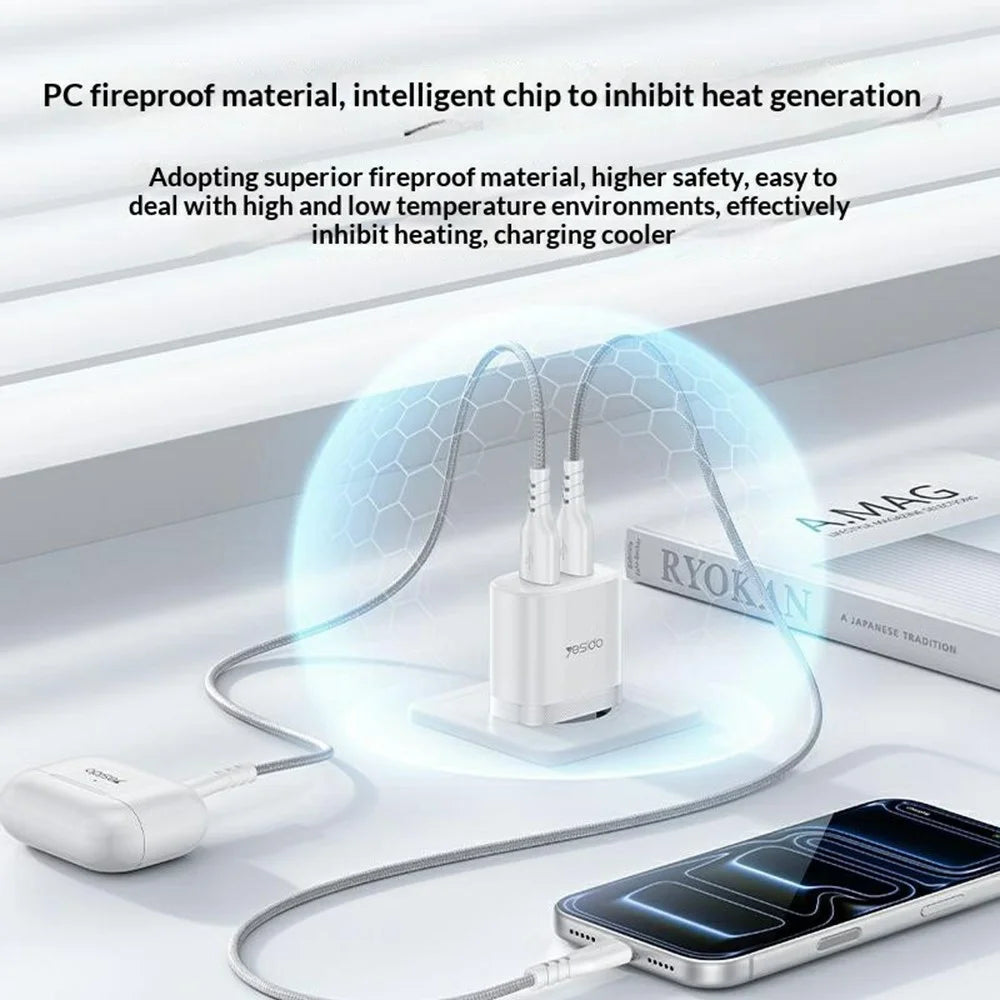 YESIDO YC104 Dual USB Port Charger PD 12W Fast Charging Power Adapter with USB Cable for Smartphones / Tablets, EU Plug - White - 4