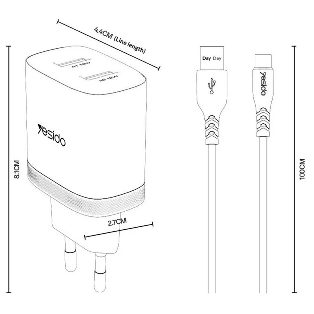 YESIDO YC104 Dual USB Port Charger PD 12W Fast Charging Power Adapter with USB Cable for Smartphones / Tablets, EU Plug - White - 7