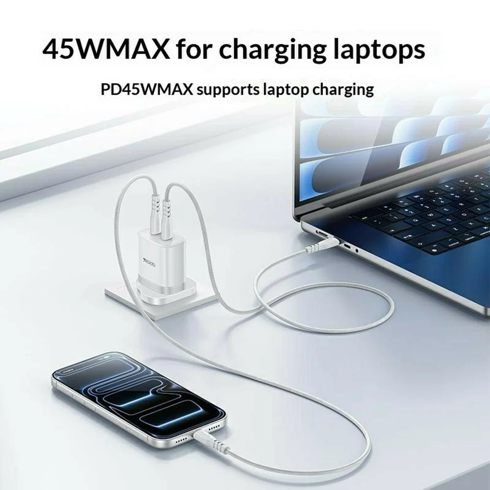 YESIDO YC155 PD 45W Fast Charger Dual USB-C Ports Travel Adapter with USB-C Cable for Home / Office - UK Plug - 2