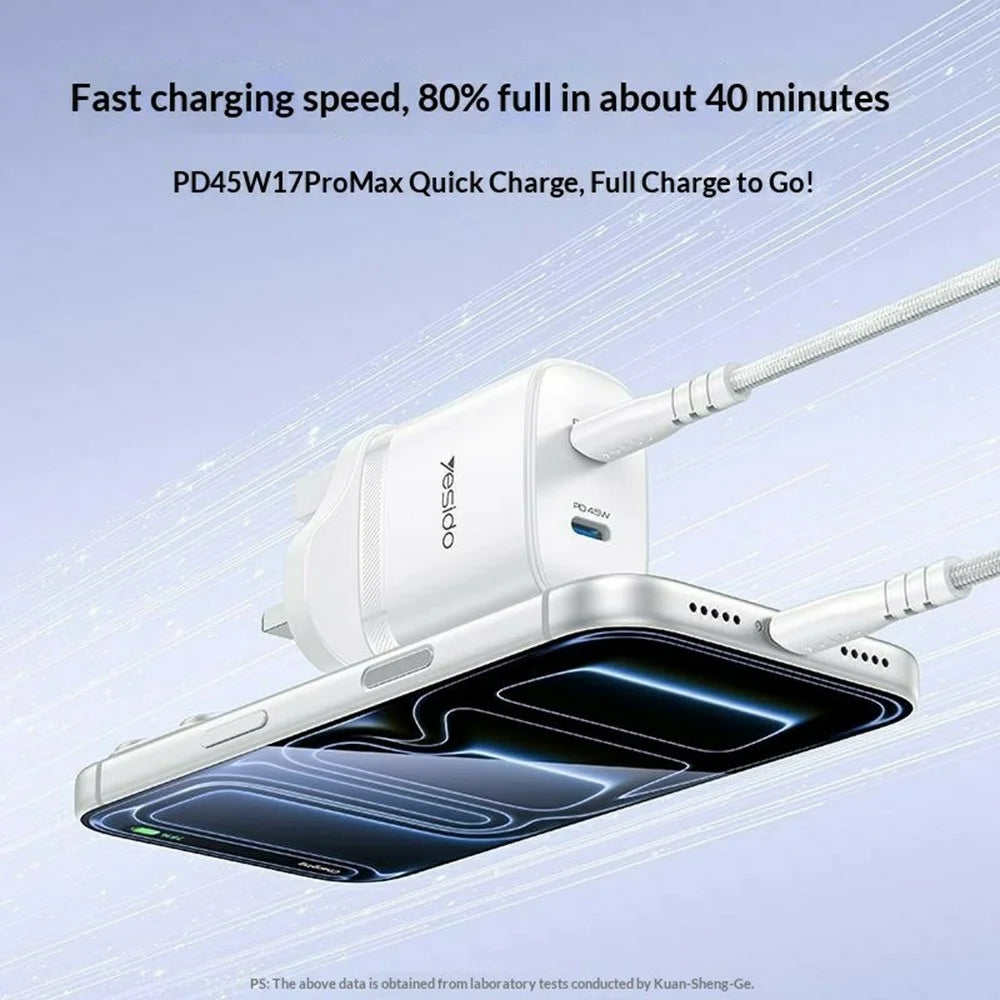 YESIDO YC155 PD 45W Fast Charger Dual USB-C Ports Travel Adapter with USB-C Cable for Home / Office - UK Plug - 3