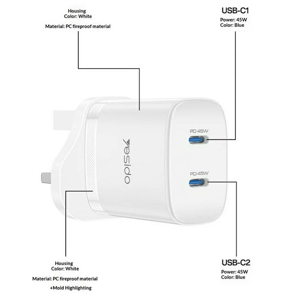 YESIDO YC155 PD 45W Fast Charger Dual USB-C Ports Travel Adapter with USB-C Cable for Home / Office - UK Plug - 7
