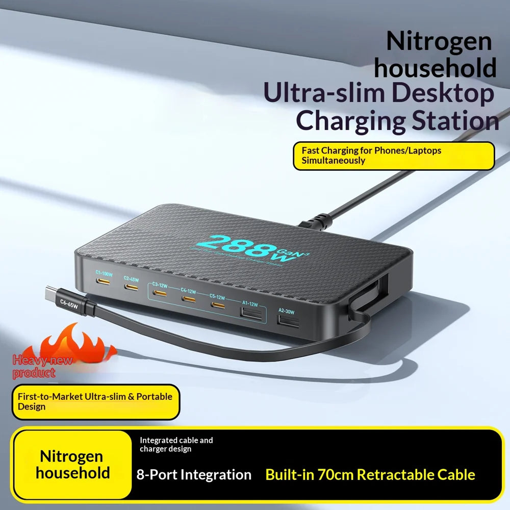 WLX-60A 8 in 1 Multi-Port Desktop Charging Station with Retractable USB-C Cable 100W GaN Fast Charger for Phones/Laptops - US Plug - 2