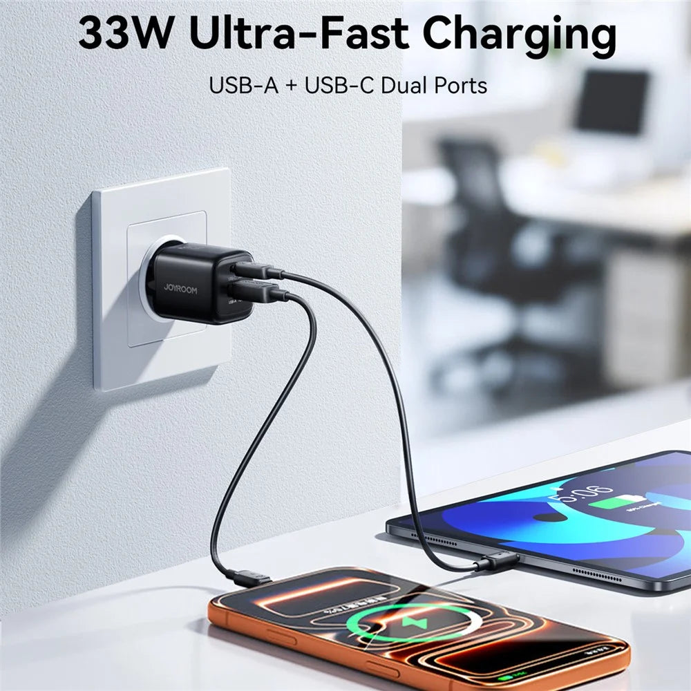 JOYROOM JR-TG7 PD QC3.0 30W Fast Charger USB-C + USB-A Dual Port Power Adapter for Phone Tablet - EU Plug / Black - 5