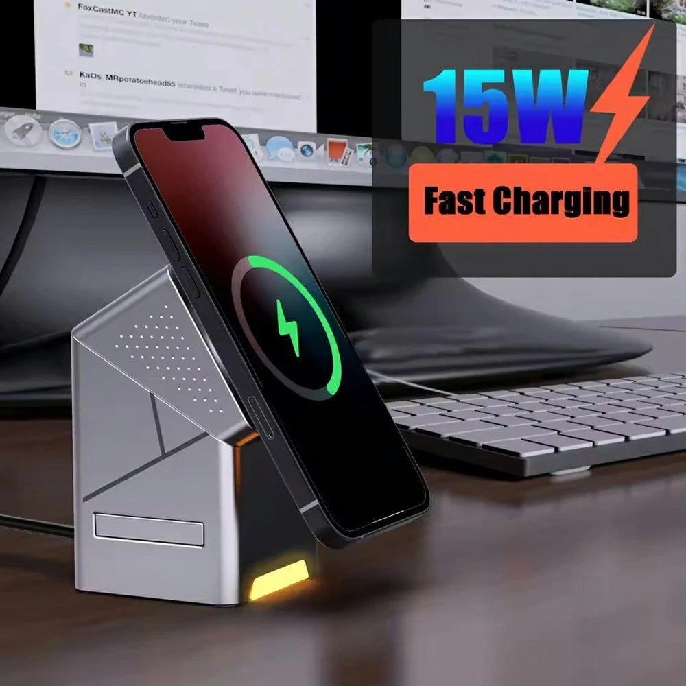 R28 3-in-1 Qi2 15W Wireless Charger Rotating Magnetic Charging Station Desktop Phone Stand for Phone Watch Earbuds - 4