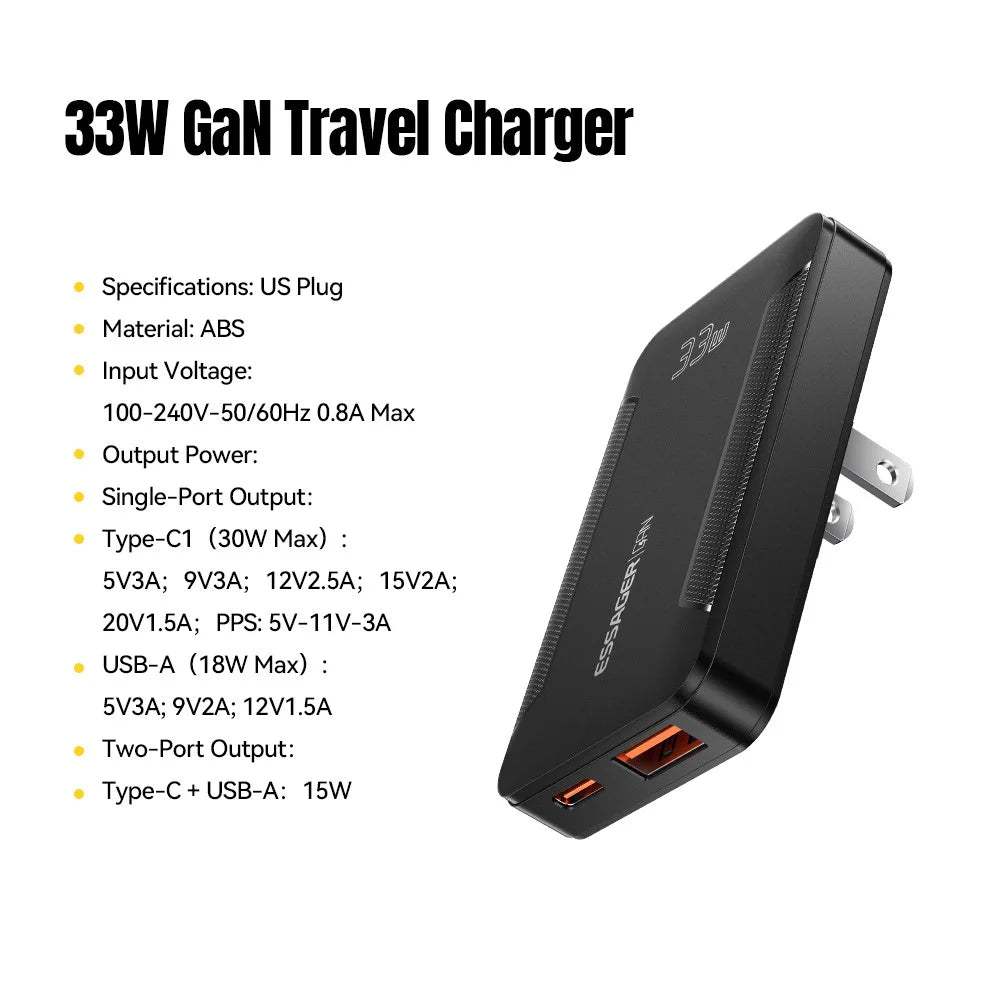 ESSAGER US Plug 33W GaN Travel Charger Type-C + USB-A Dual Port Ultra Slim Fast Charging Adapter - Black - 2