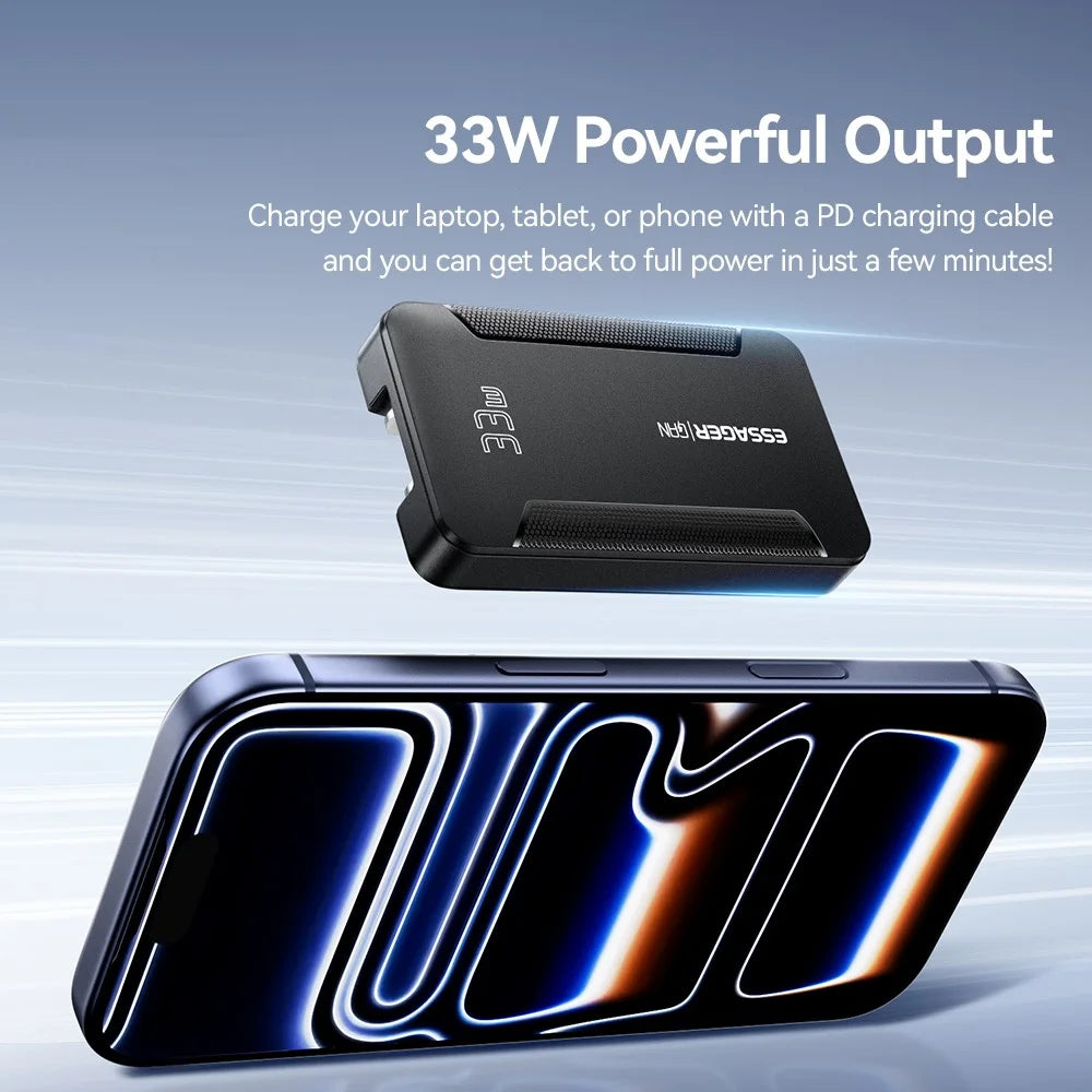 ESSAGER US Plug 33W GaN Travel Charger Type-C + USB-A Dual Port Ultra Slim Fast Charging Adapter - Black - 4
