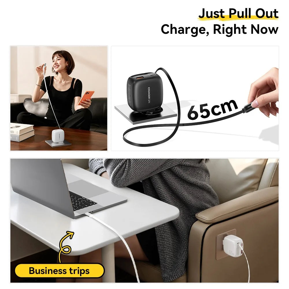 ESSAGER 65W Fast Charging GaN Travel Charger Type-C + USB-A Power Adapter with Retractable Cable - EU Plug / Black - 3