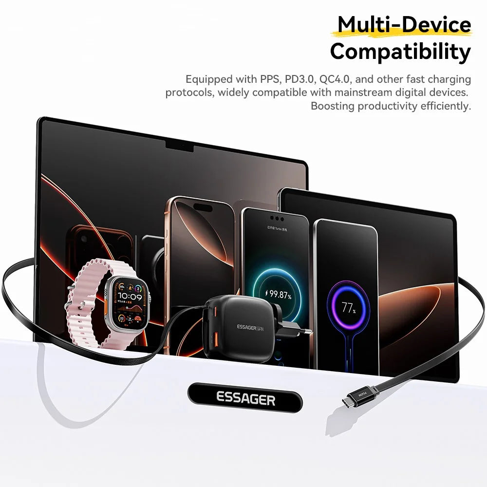 ESSAGER 65W Fast Charging GaN Travel Charger Type-C + USB-A Power Adapter with Retractable Cable - EU Plug / Black - 7