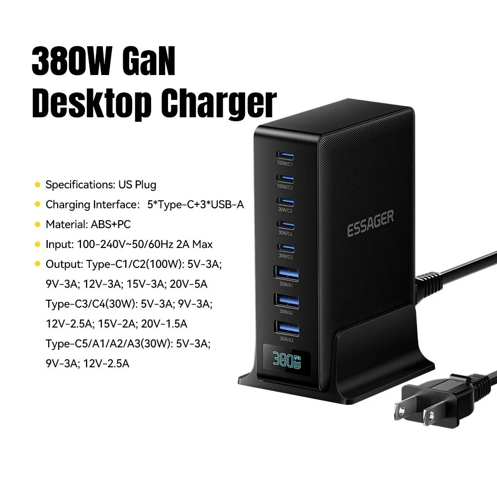 ESSAGER US Plug 100W Fast Charging GaN Desktop Charger 5 USB-C + 3 USB-A for Laptop Phone Tablet - Black - 3