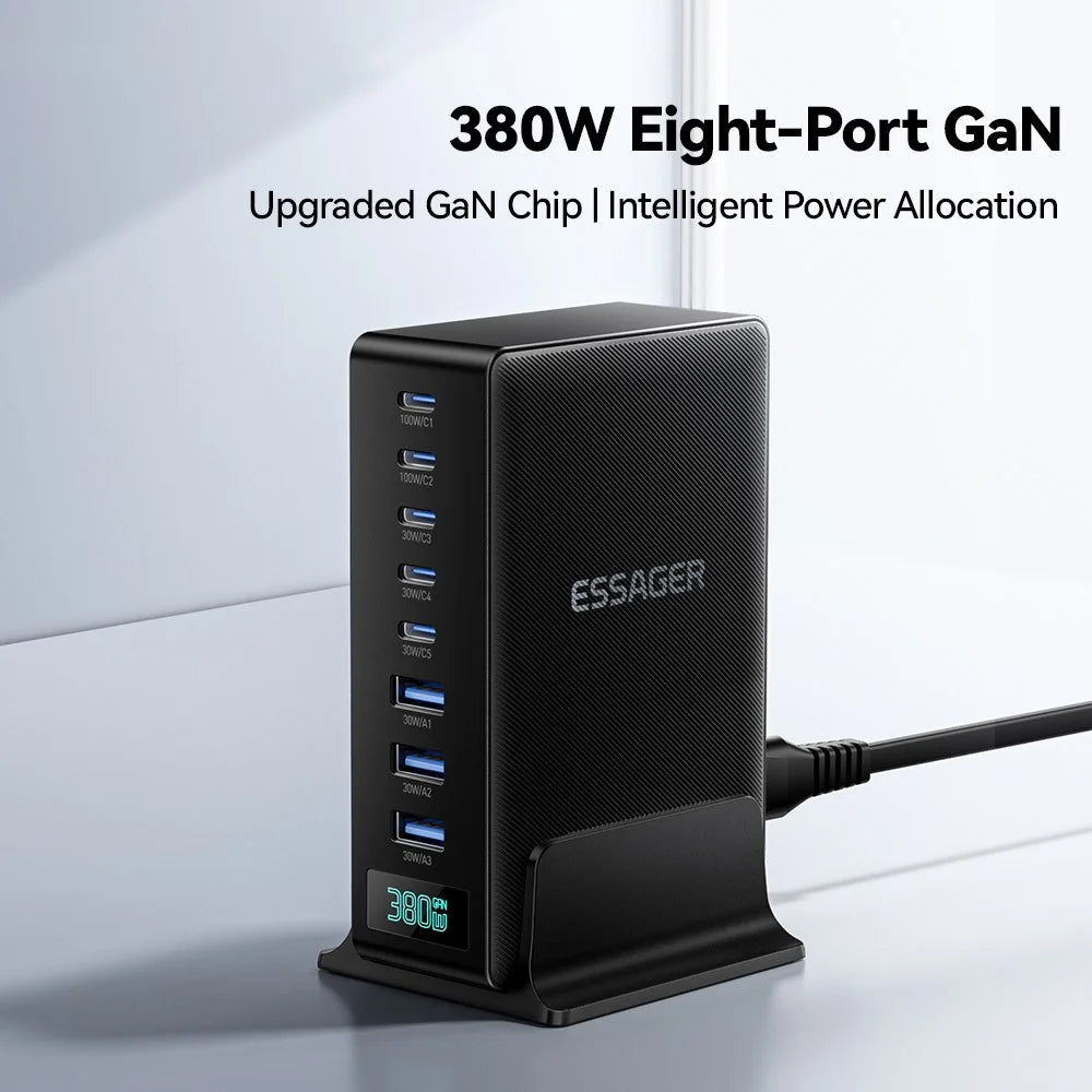 ESSAGER US Plug 100W Fast Charging GaN Desktop Charger 5 USB-C + 3 USB-A for Laptop Phone Tablet - Black - 4