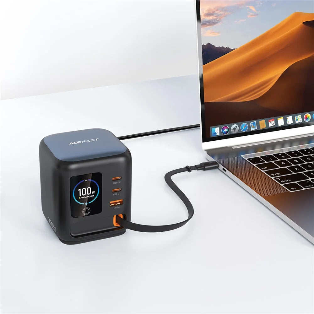 ACEFAST Z10 100W GaN Desktop Charger TFT Display 2 USB-C + USB-A 3 Ports Adapter with Retractable Cable - EU Plug - 2