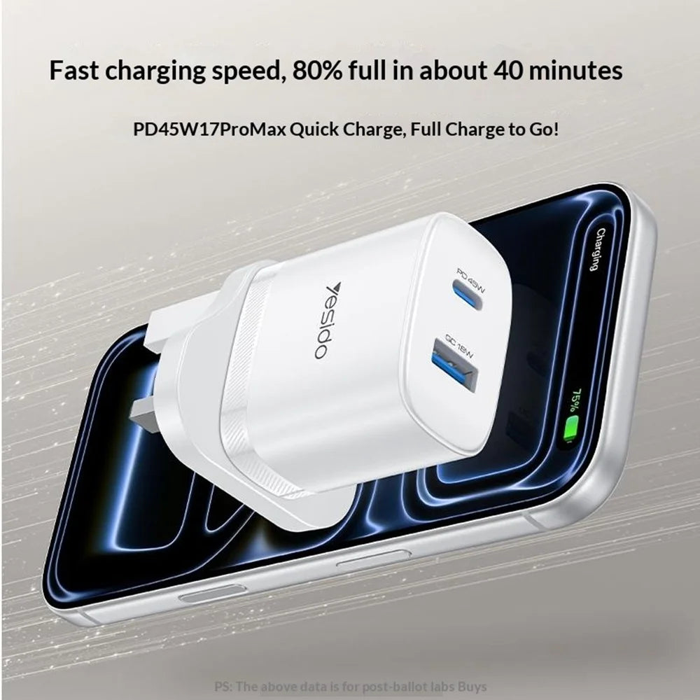 YESIDO YC156 UK Plug PD 45W USB-C + QC 18W USB-A Wall Charger Dual Port Fast Charging Adapter with 1m Type-C Cable - White - 4