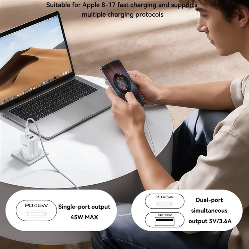 YESIDO YC156 UK Plug PD 45W USB-C + QC 18W USB-A Wall Charger Dual Port Fast Charging Adapter with 1m Type-C Cable - White - 6