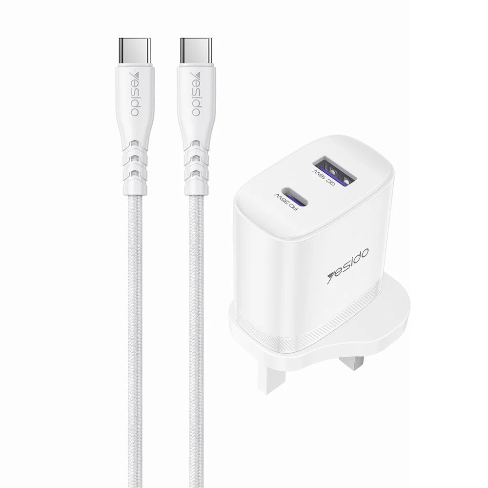 YESIDO YC154 UK Plug PD 35W USB-C + QC 18W USB-A Wall Charger Dual Port Fast Charging Adapter with 1m Type-C Cable - White - 1