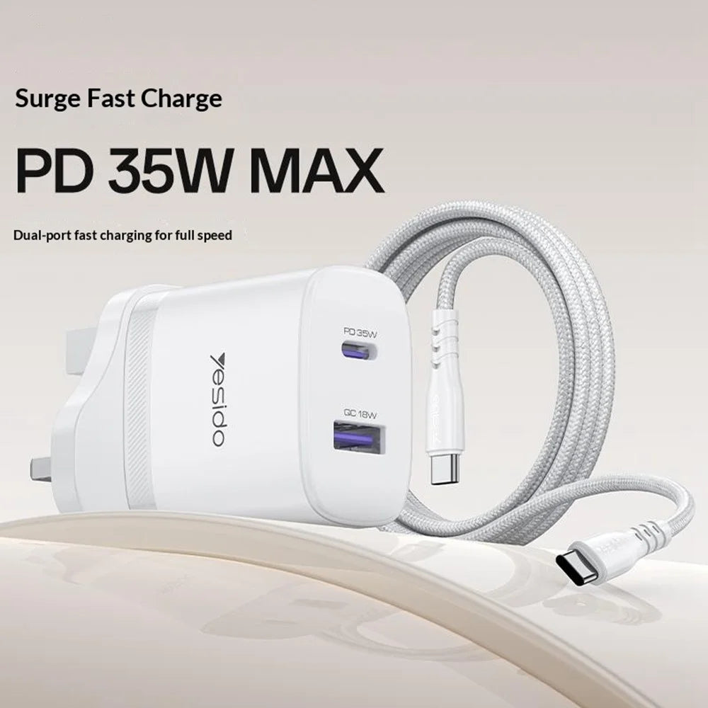 YESIDO YC154 UK Plug PD 35W USB-C + QC 18W USB-A Wall Charger Dual Port Fast Charging Adapter with 1m Type-C Cable - White - 2