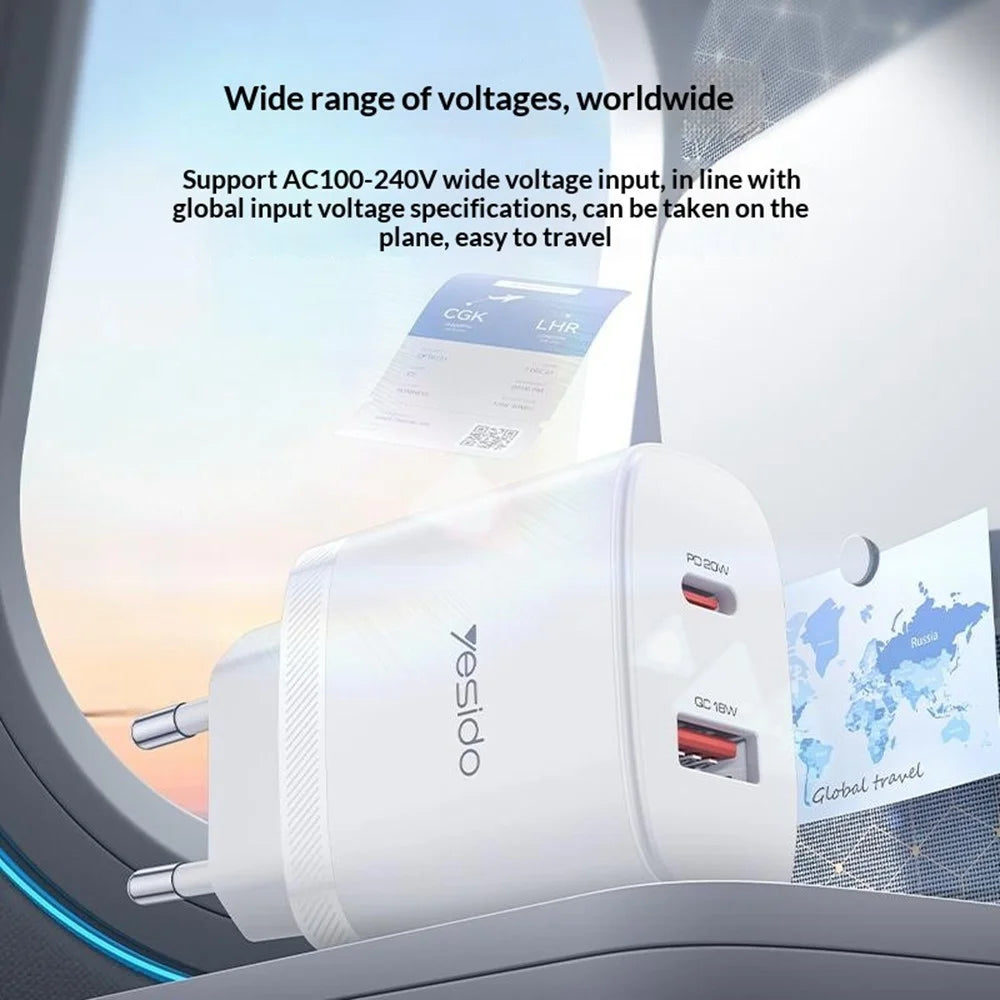 YESIDO YC106 EU Plug PD 20W USB-C + QC 18W USB-A Wall Charger Dual Port Fast Charging Adapter with 1m Type-C Cable - White - 5