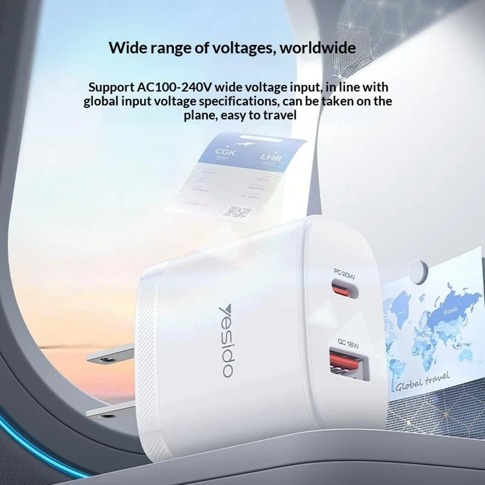 YESIDO YC19U US Plug PD 20W USB-C + QC 18W USB-A Wall Charger Dual Port Fast Charging Adapter with 1m Type-C Cable - White - 5