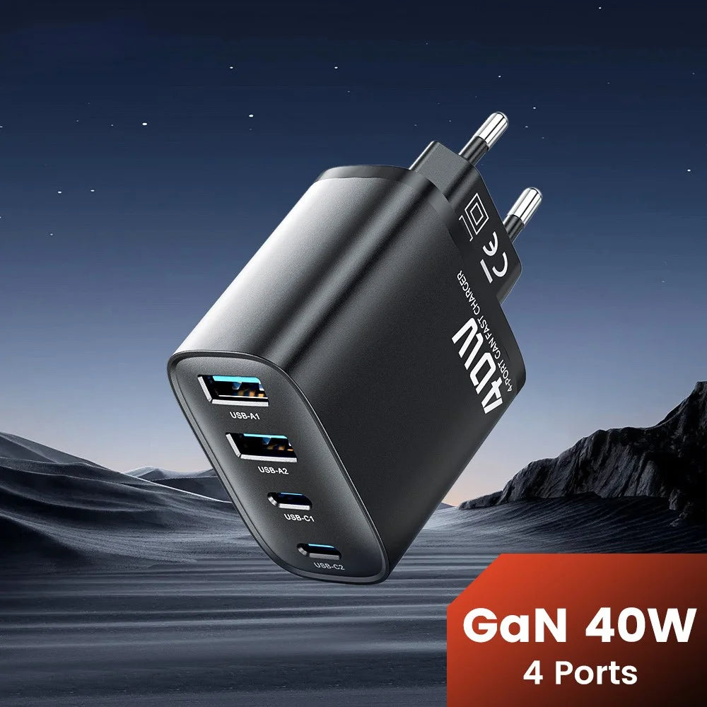 TOOCKI TC53402 40W GaN Fast Charger 4-Port 2 USB-C 2 USB-A 20W PD Quick Charging Power Adapter - Black / EU Plug - 2