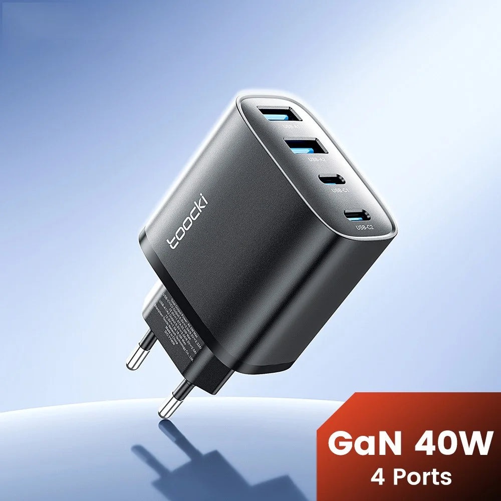 TOOCKI TC53402 40W GaN Fast Charger 4-Port 2 USB-C 2 USB-A 20W PD Quick Charging Power Adapter - Black / EU Plug - 3
