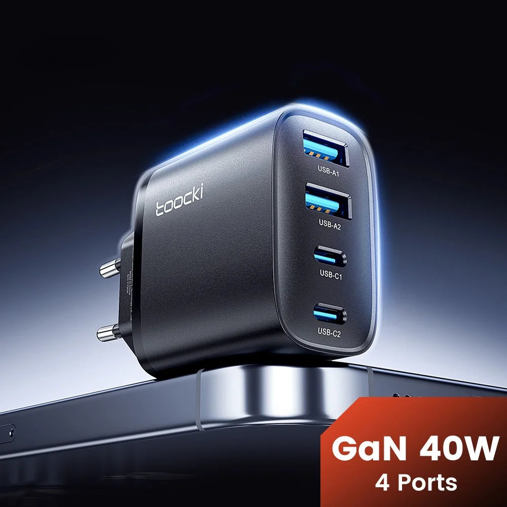 TOOCKI TC53402 40W GaN Fast Charger 4-Port 2 USB-C 2 USB-A 20W PD Quick Charging Power Adapter - Black / EU Plug - 4