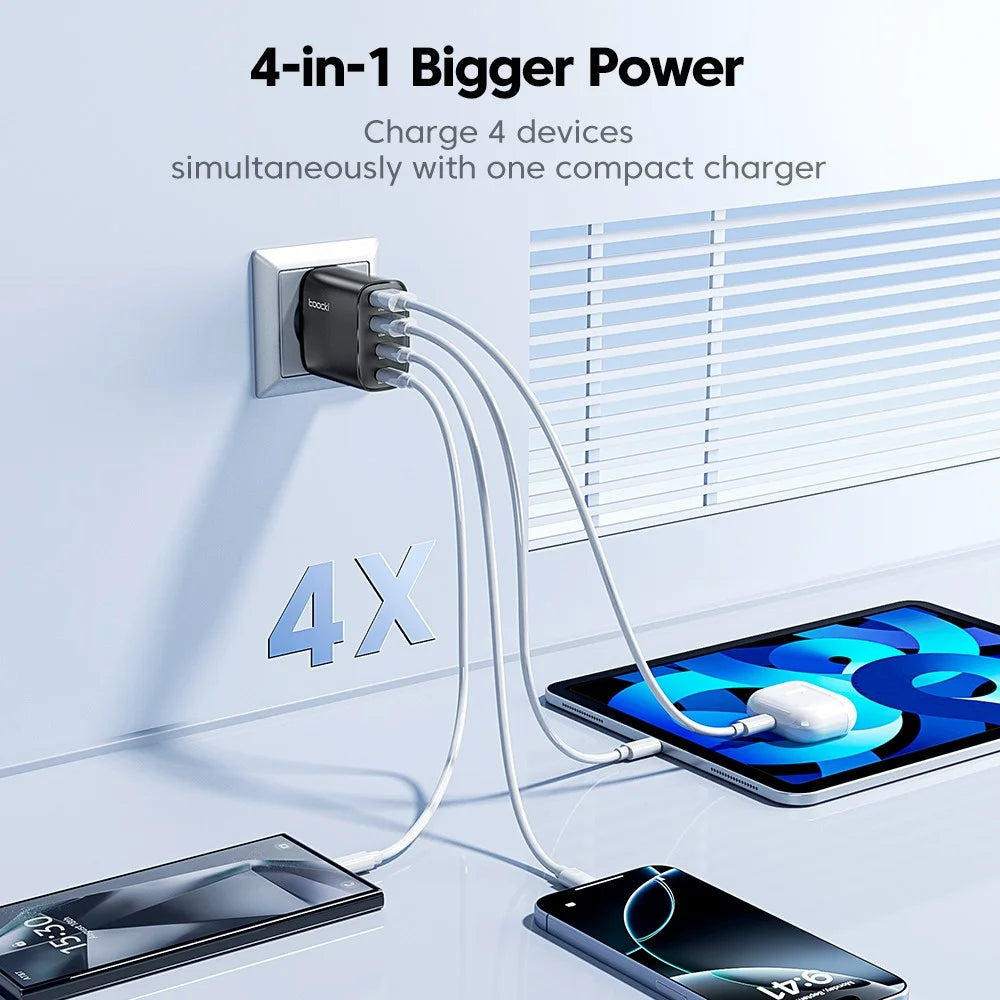 TOOCKI TC53402 40W GaN Fast Charger 4-Port 2 USB-C 2 USB-A 20W PD Quick Charging Power Adapter - Black / EU Plug - 5