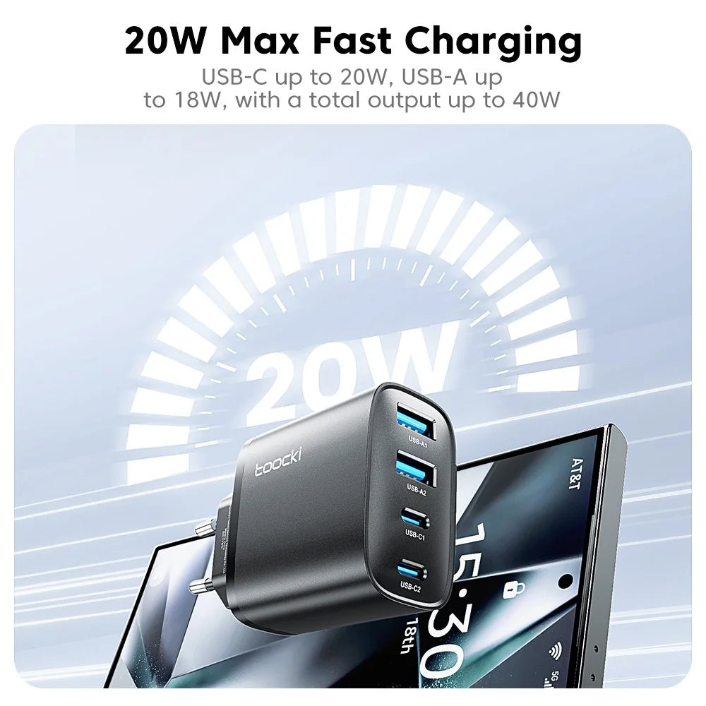 TOOCKI TC53402 40W GaN Fast Charger 4-Port 2 USB-C 2 USB-A 20W PD Quick Charging Power Adapter - Black / EU Plug - 6
