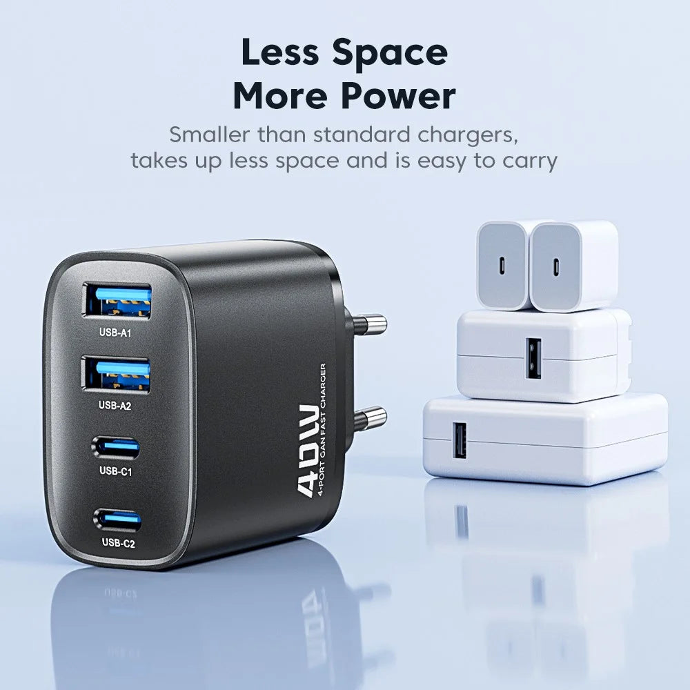 TOOCKI TC53402 40W GaN Fast Charger 4-Port 2 USB-C 2 USB-A 20W PD Quick Charging Power Adapter - Black / EU Plug - 7