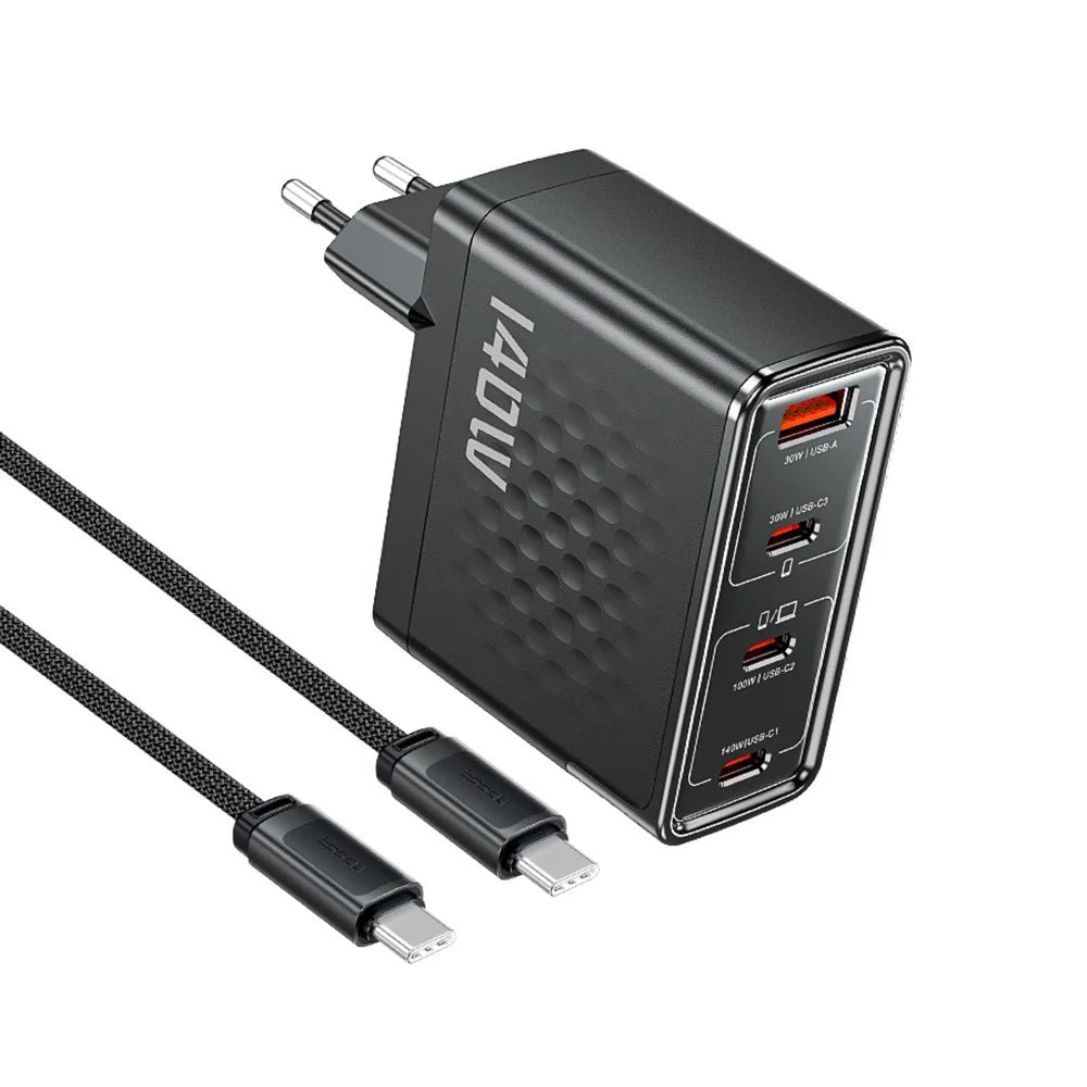 TOOCKI 140W GaN Charger 4-Port 3 USB-C 1 USB-A PD3.1 Fast Charging Station Power Adapter with 2m Cable - EU Plug / TCT140-40B - 1