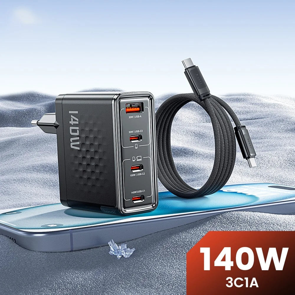 TOOCKI 140W GaN Charger 4-Port 3 USB-C 1 USB-A PD3.1 Fast Charging Station Power Adapter with 2m Cable - EU Plug / TCT140-40B - 2