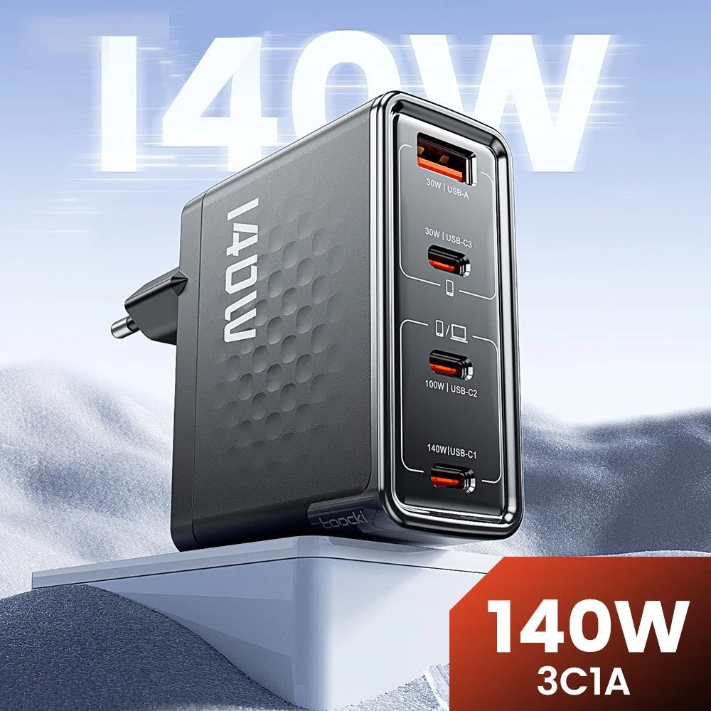 TOOCKI 140W GaN Charger 4-Port 3 USB-C 1 USB-A PD3.1 Fast Charging Station Power Adapter with 2m Cable - EU Plug / TCT140-40B - 3