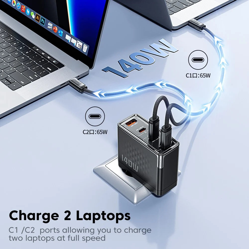TOOCKI 140W GaN Charger 4-Port 3 USB-C 1 USB-A PD3.1 Fast Charging Station Power Adapter with 2m Cable - EU Plug / TCT140-40B - 4