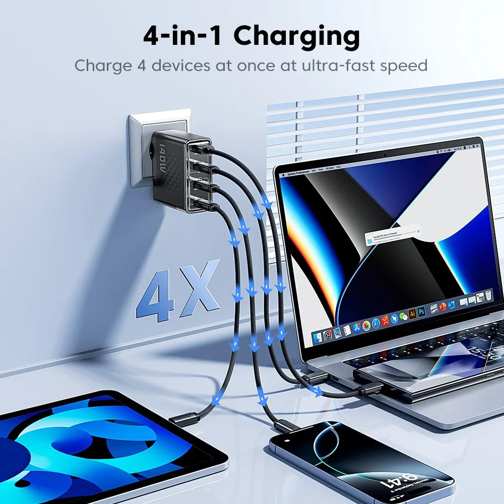 TOOCKI 140W GaN Charger 4-Port 3 USB-C 1 USB-A PD3.1 Fast Charging Station Power Adapter with 2m Cable - EU Plug / TCT140-40B - 5