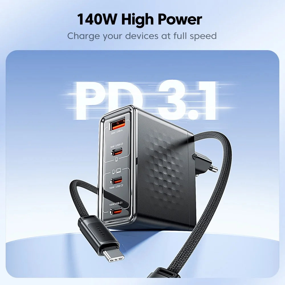 TOOCKI 140W GaN Charger 4-Port 3 USB-C 1 USB-A PD3.1 Fast Charging Station Power Adapter with 2m Cable - EU Plug / TCT140-40B - 6