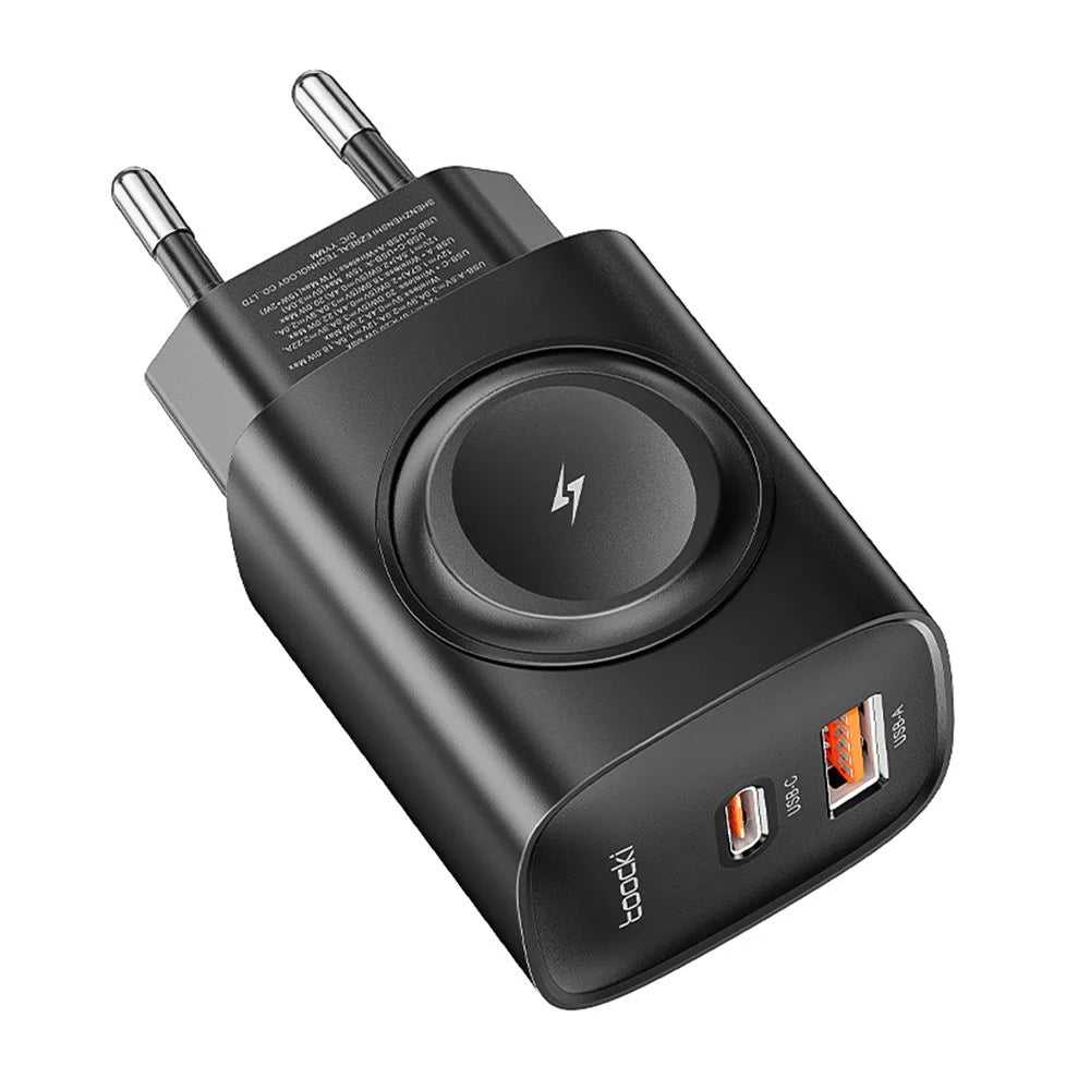 TOOCKI TCT20-21EU 3-in-1 GaN Charger Dual Port 20W USB-C 18W USB-A Magnetic 2W Wireless Charging Station for Apple Watch - Black / EU Plug - 1