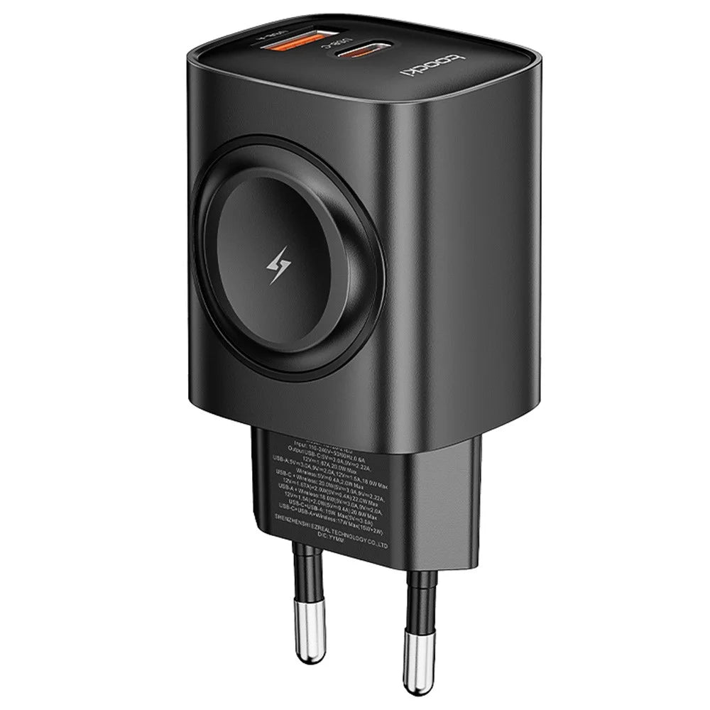 TOOCKI TCT20-21EU 3-in-1 GaN Charger Dual Port 20W USB-C 18W USB-A Magnetic 2W Wireless Charging Station for Apple Watch - Black / EU Plug - 2