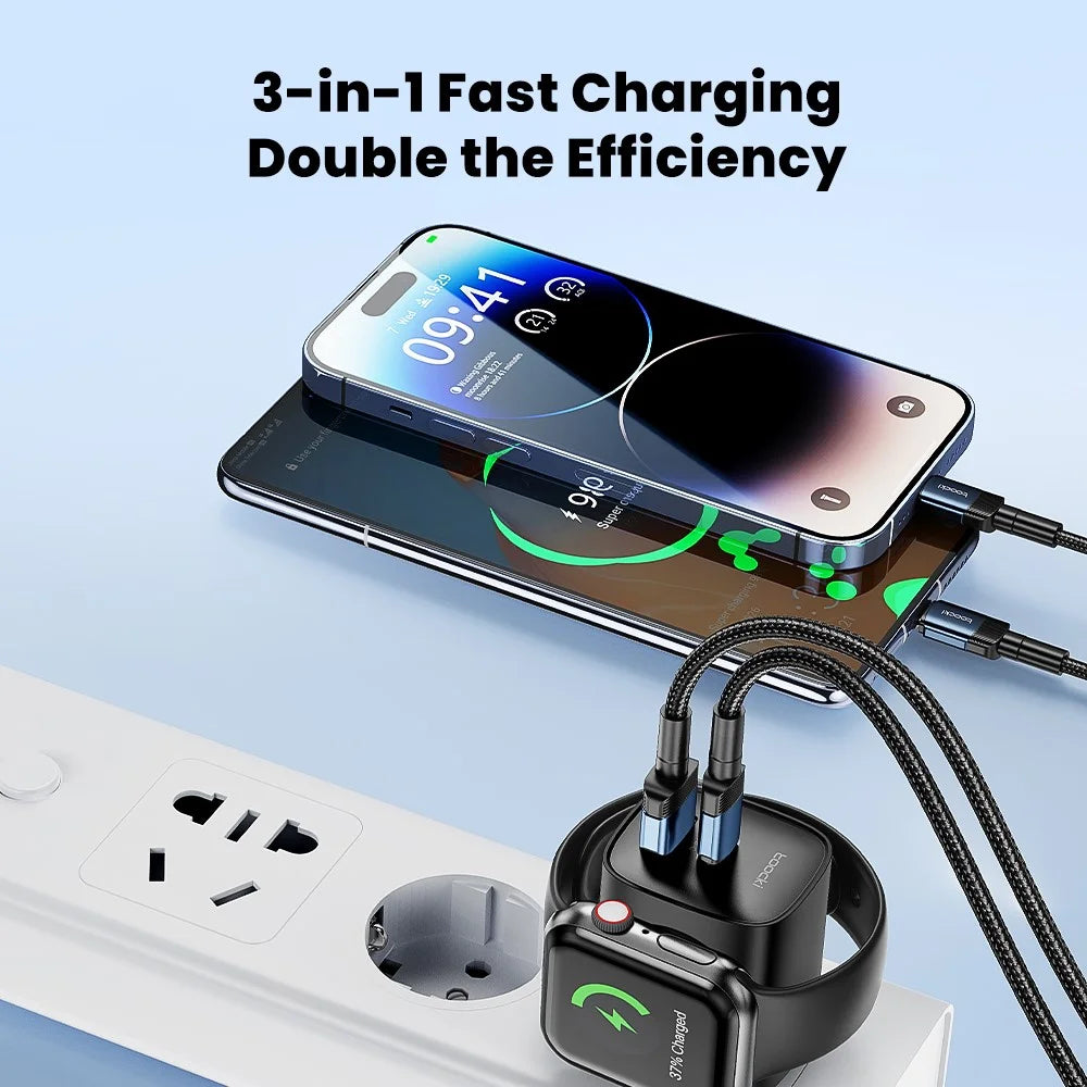 TOOCKI TCT20-21EU 3-in-1 GaN Charger Dual Port 20W USB-C 18W USB-A Magnetic 2W Wireless Charging Station for Apple Watch - Black / EU Plug - 5