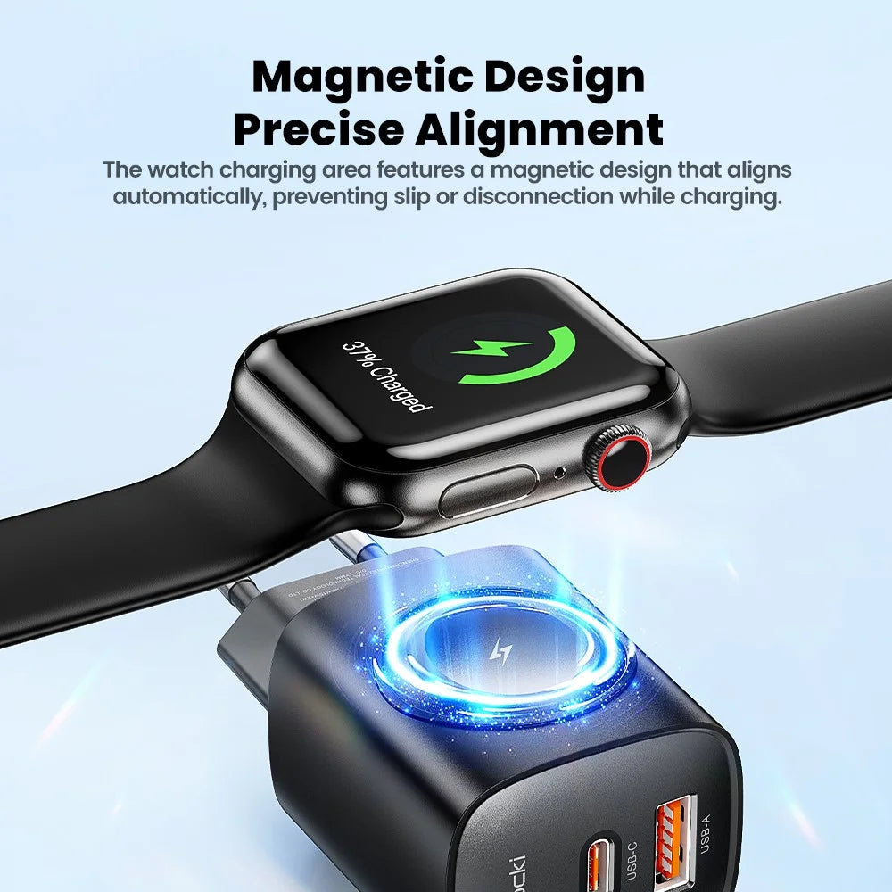 TOOCKI TCT20-21EU 3-in-1 GaN Charger Dual Port 20W USB-C 18W USB-A Magnetic 2W Wireless Charging Station for Apple Watch - Black / EU Plug - 6
